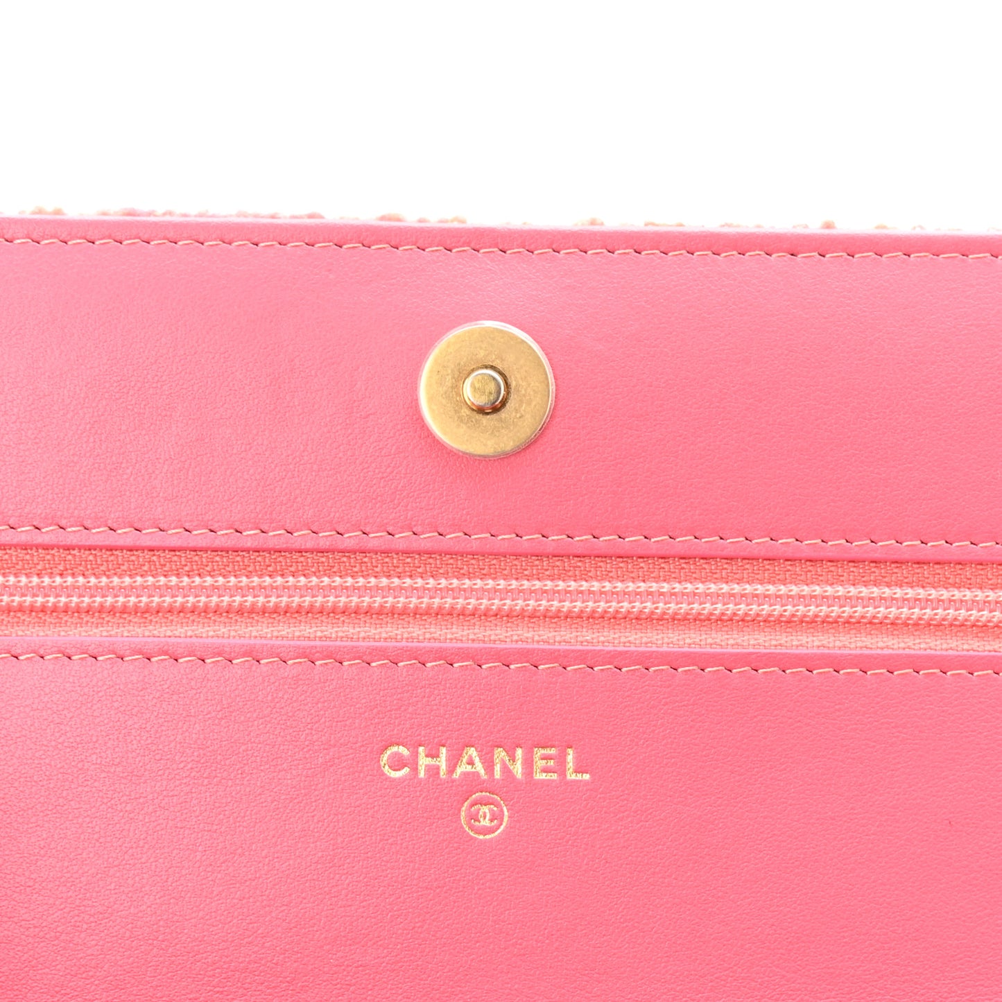 Wool Tweed Lambskin Quilted Chanel 19 Wallet On Chain WOC Coral Pink