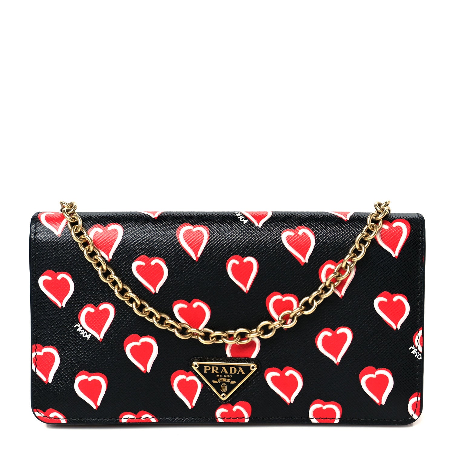 Prada Saffiano Heart Print Mini Wallet On Chain Black 1 of 10