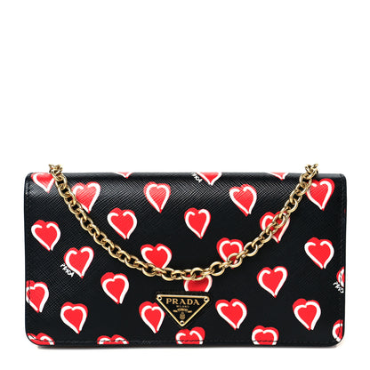 Prada Saffiano Heart Print Mini Wallet On Chain Black 1 of 10