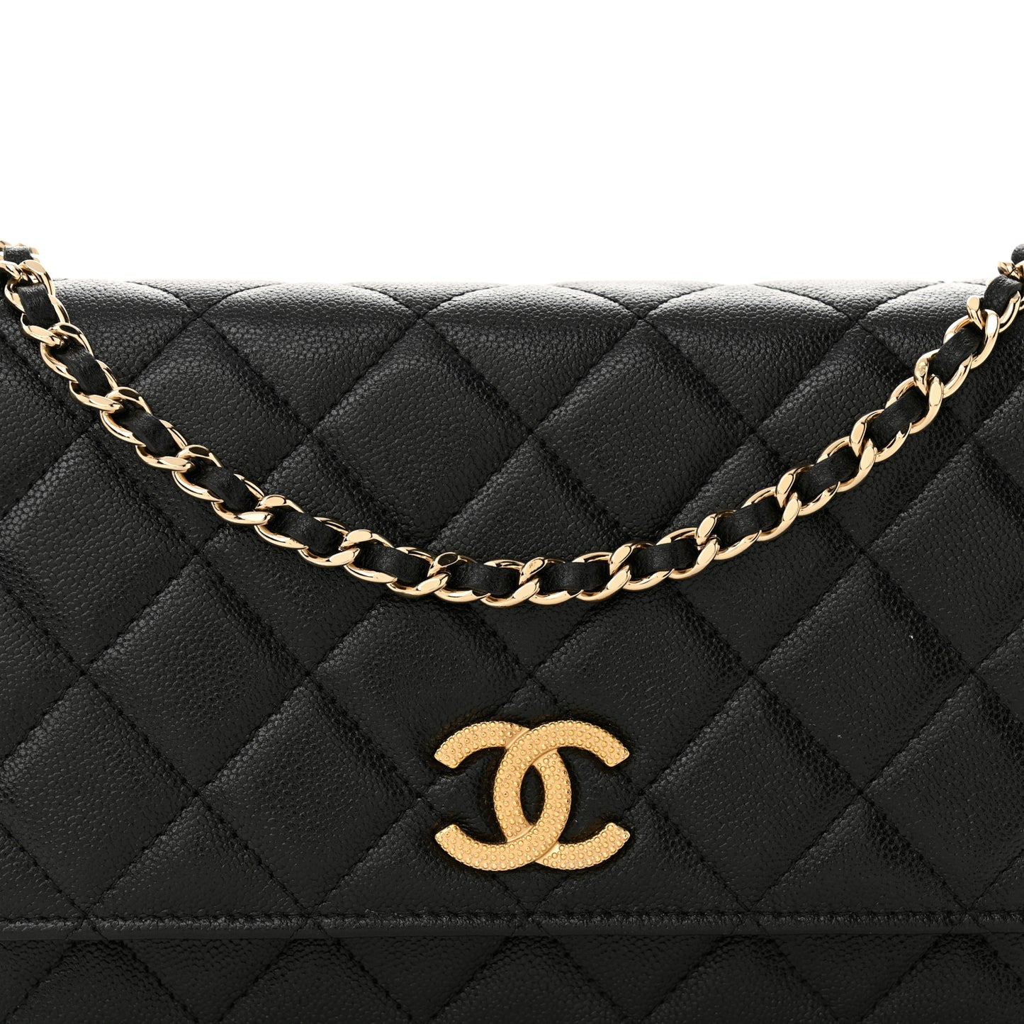 Caviar Quilted Textured CC Wallet On Chain WOC Black