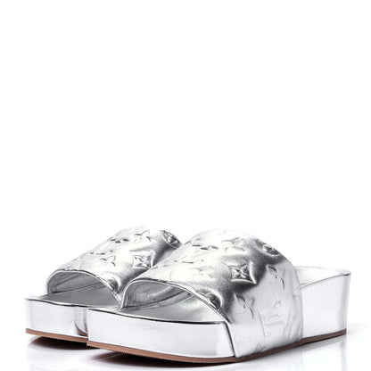 Louis Vuitton Metallic Lambskin Embossed Monogram Jumbo Flatform Mule Sandals 37 Silver 3 of 11