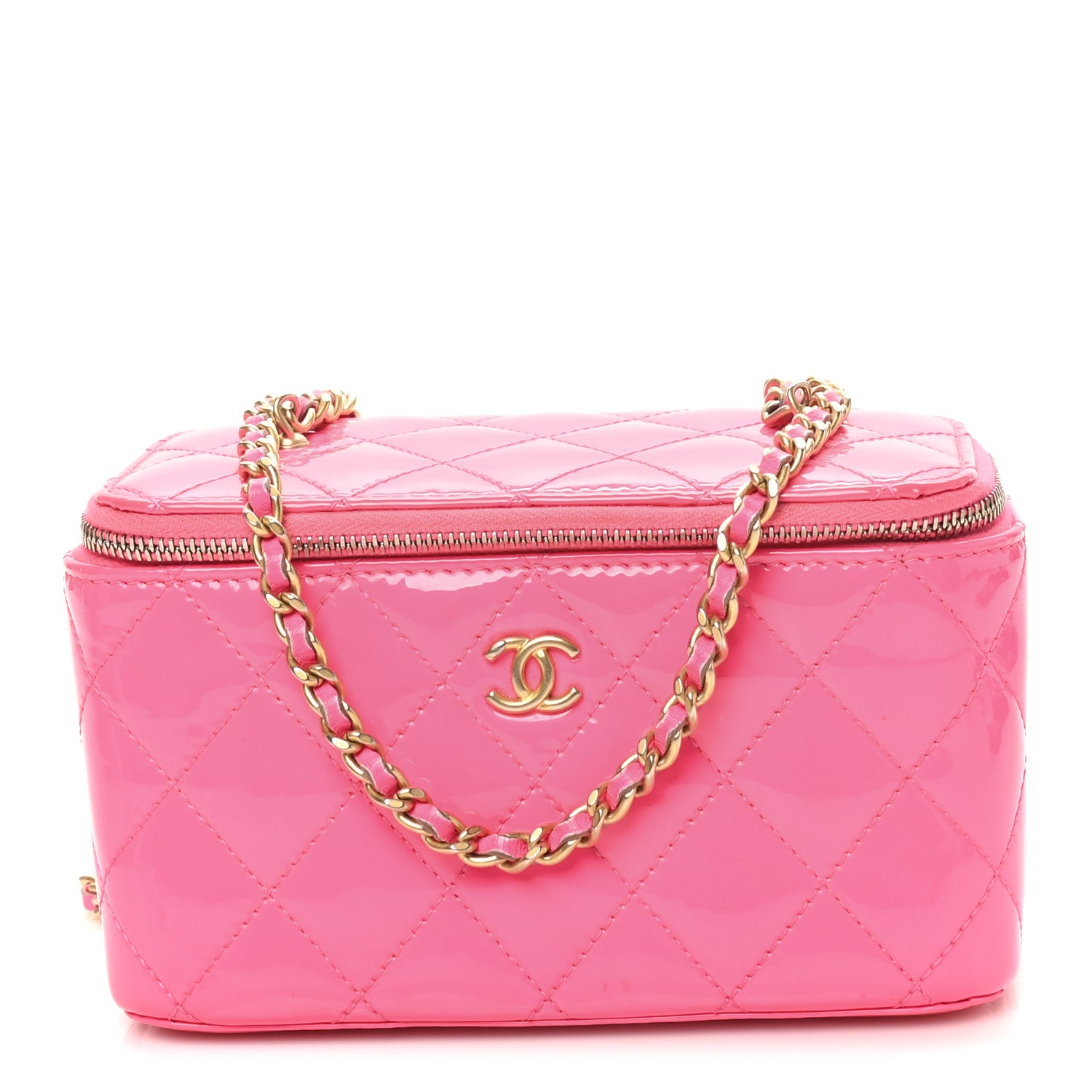 Chanel Patent Quilted Pearl Crush Small Vanity Case With Chain Neon Pink 1 of 11
