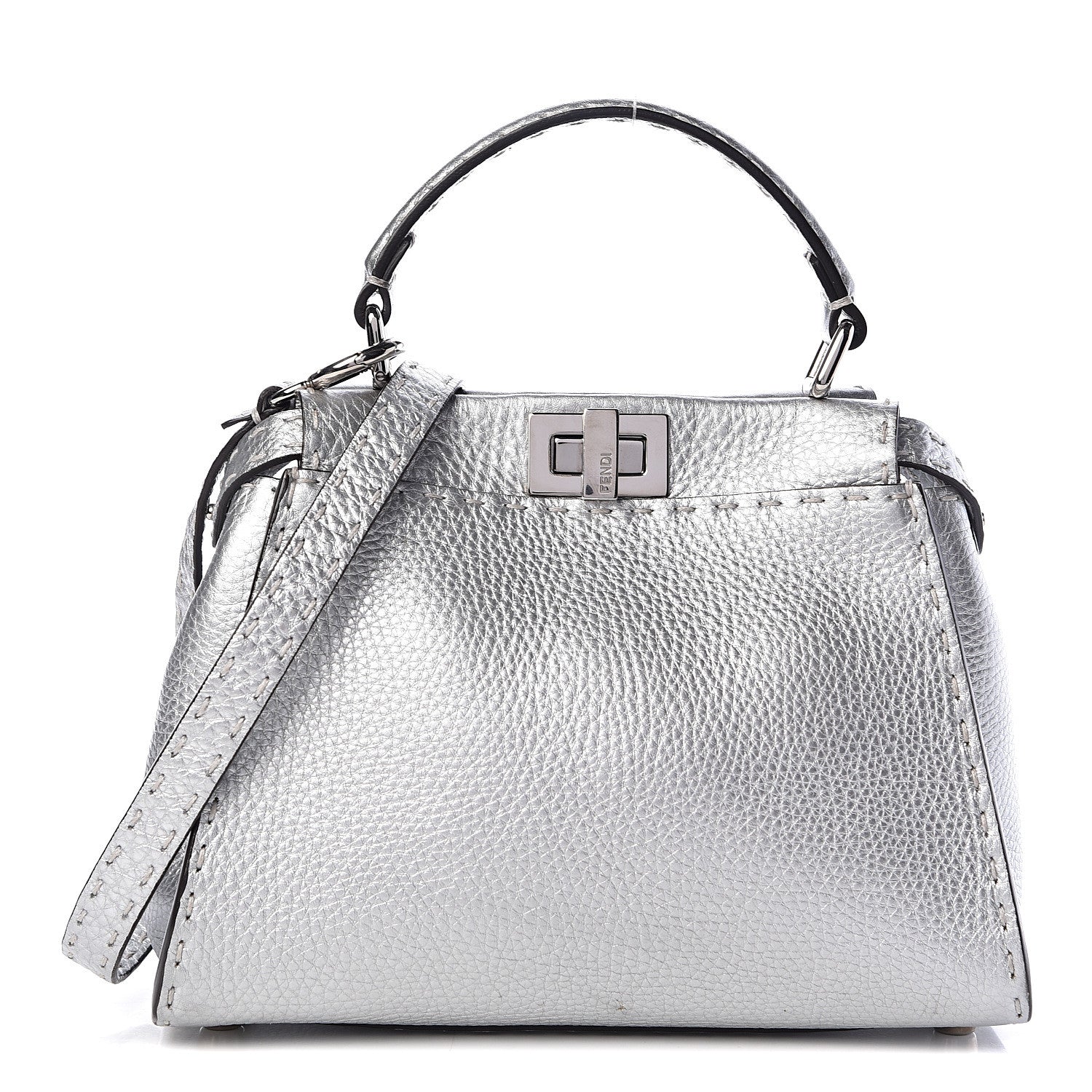 Fendi Cuoio Romano Lux Selleria Mini Peekaboo Iconic Satchel Argento 1 of 13