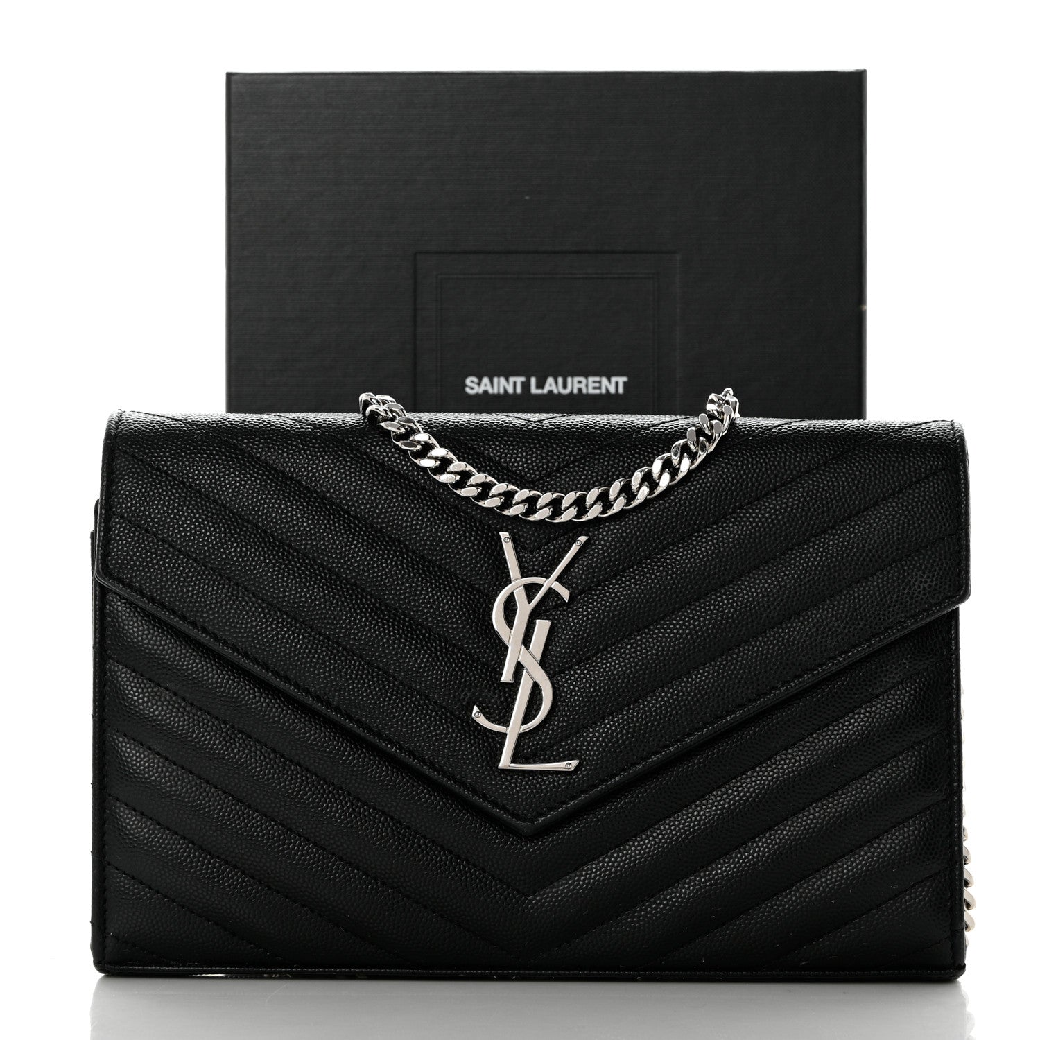 Saint Laurent Grain De Poudre Matelasse Chevron Monogram Chain Wallet Black 9 of 9