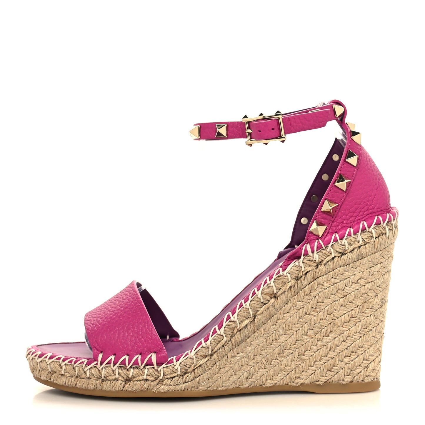 Grained Calfskin Rockstud Ankle Strap Espadrille 15/105mm Wedge Sandals 38 Rose Violet Prune