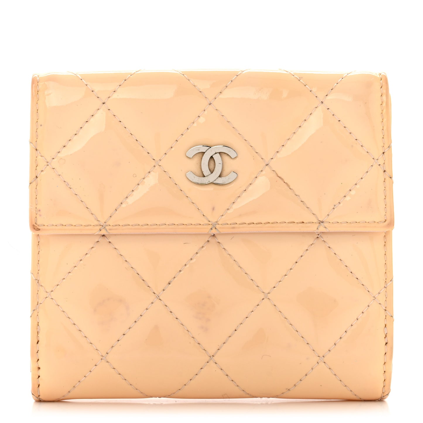 Striated Patent Quilted Compact French Flap Wallet Beige Light Pink