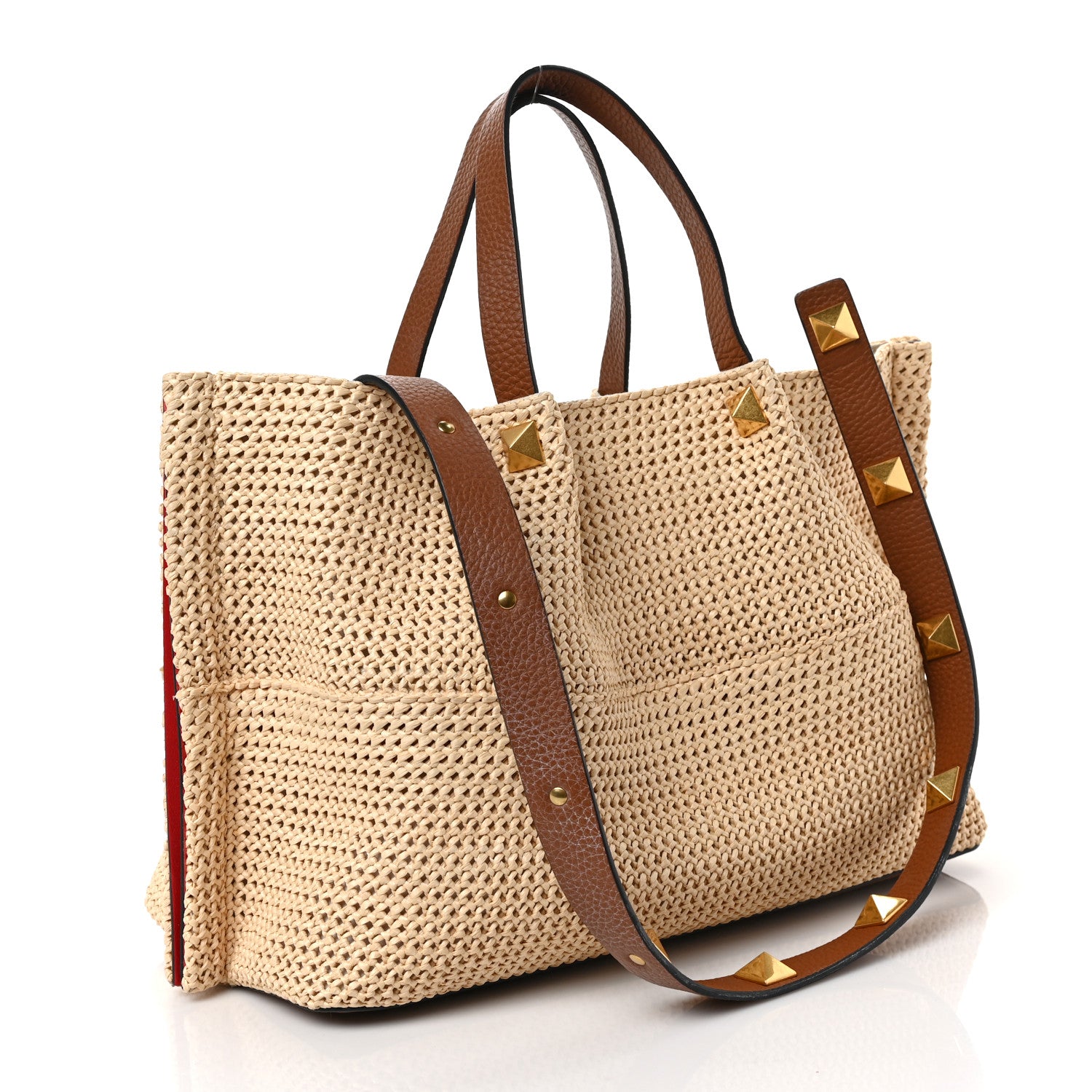 Valentino Garavani Raffia Grained Calfskin Medium Rockstud Vlogo Tote Naturale 4 of 8