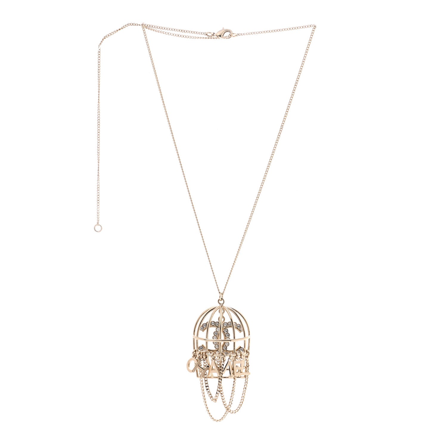 Chanel Metal Crystal Logo Bird Cage Necklace Gold 3 of 6