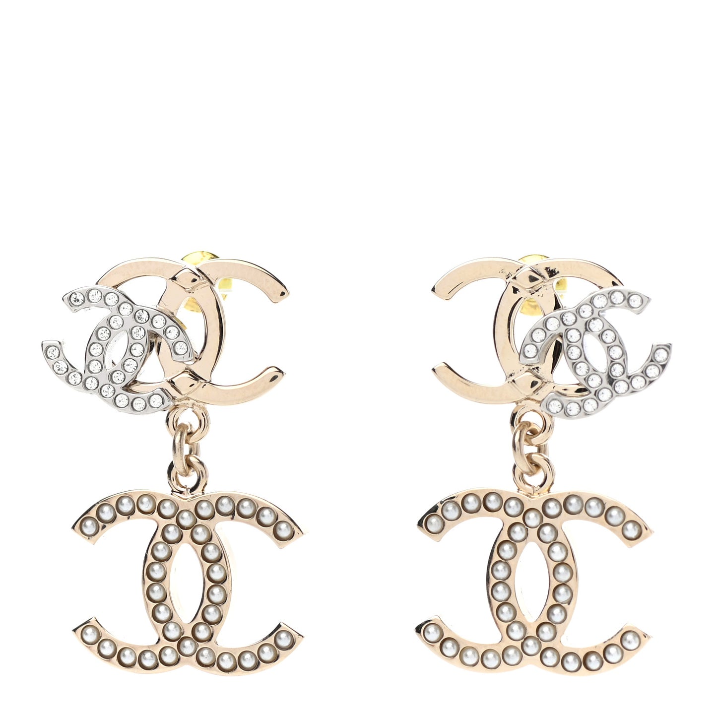 Crystal Pearl Double CC Drop Earrings Gold Silver