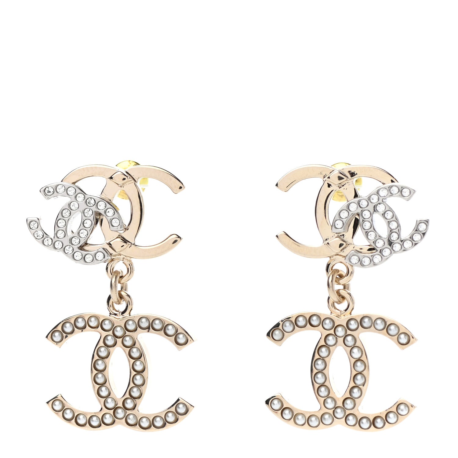 Chanel Crystal Pearl Double CC Drop Earrings Gold Silver 1 of 4