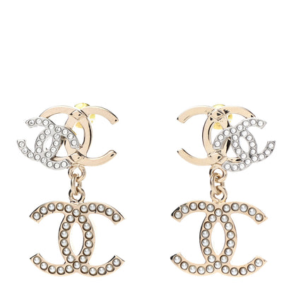 Chanel Crystal Pearl Double CC Drop Earrings Gold Silver 1 of 4