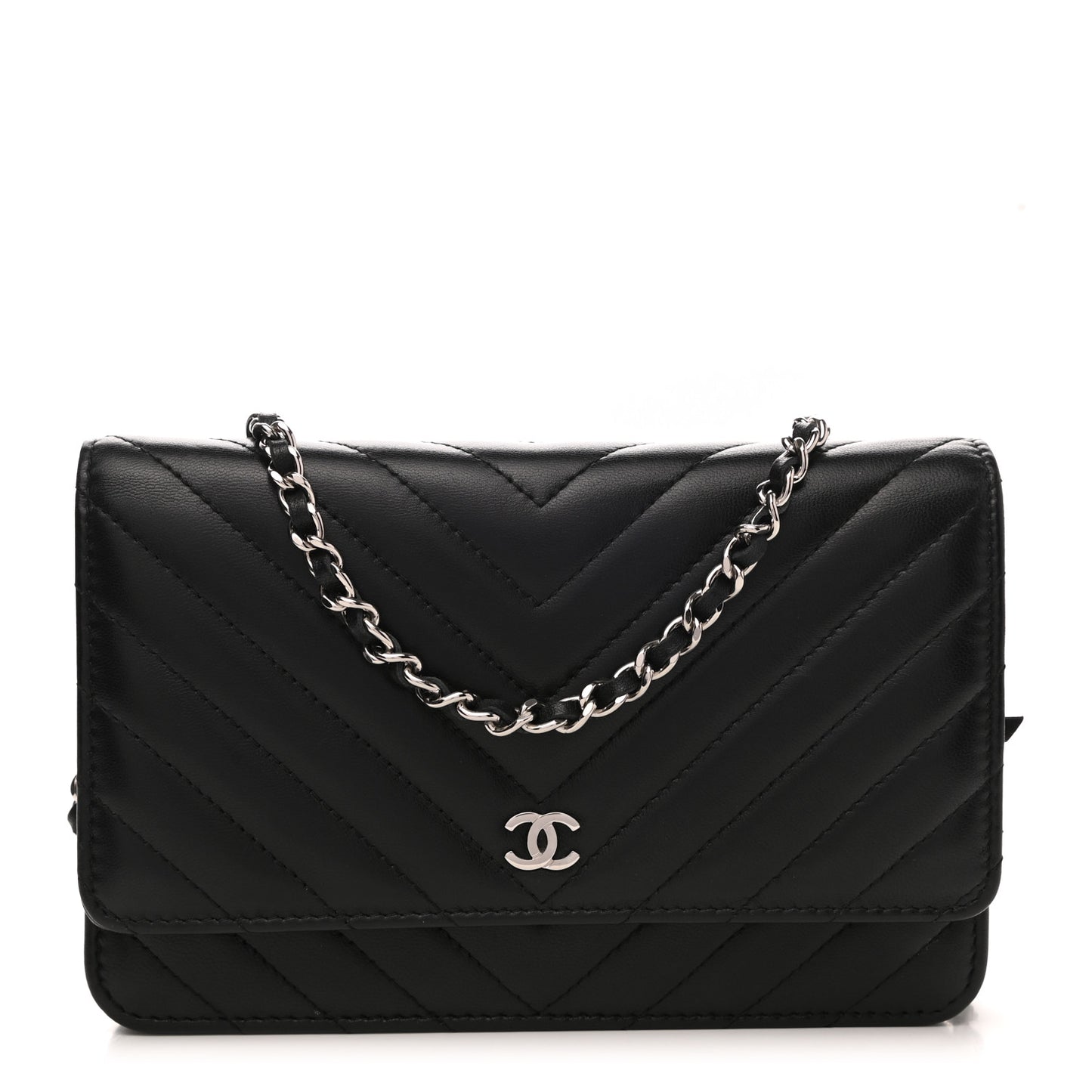 Lambskin Chevron Quilted Wallet On Chain WOC Black