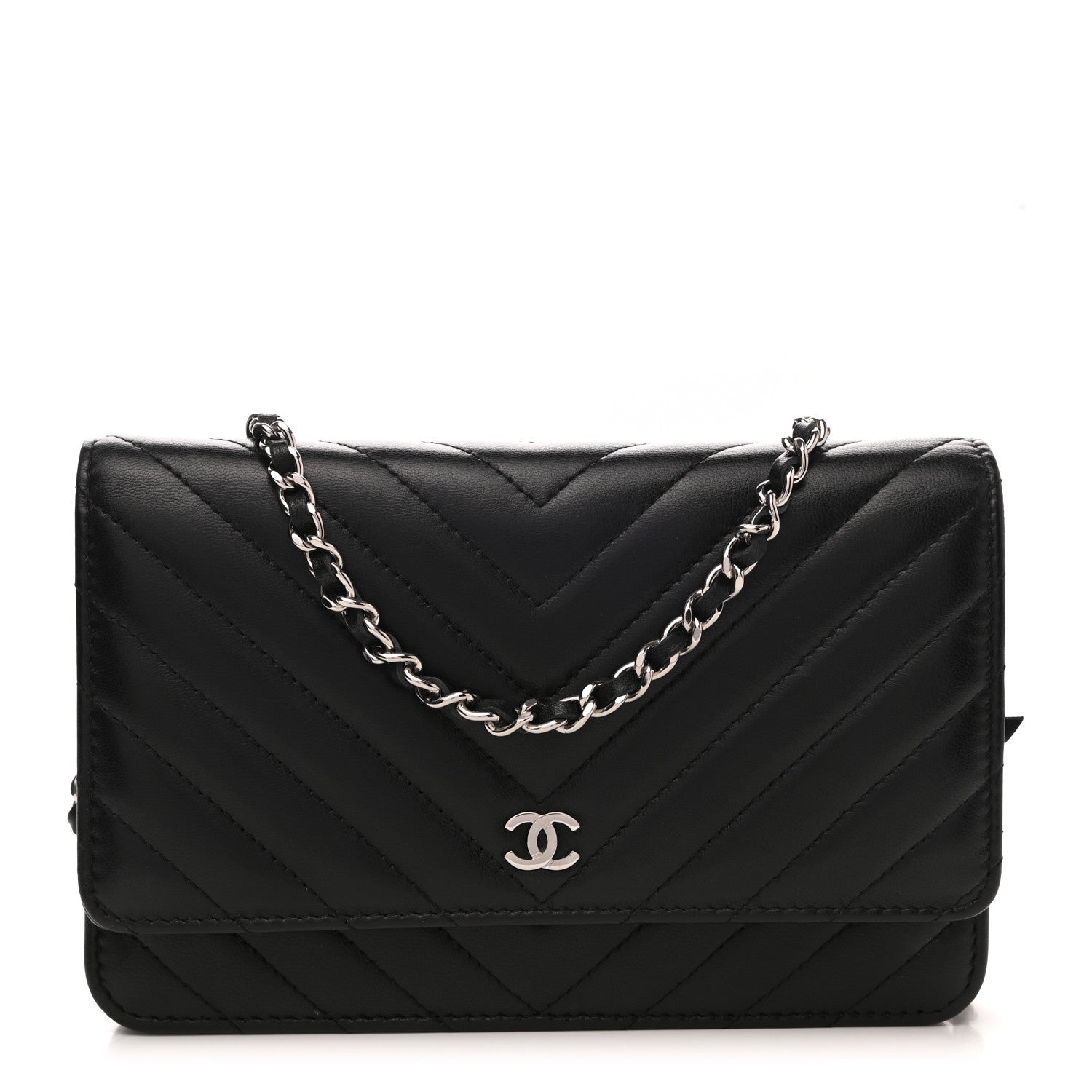 Chanel Lambskin Chevron Quilted Wallet On Chain WOC Black 1 of 12