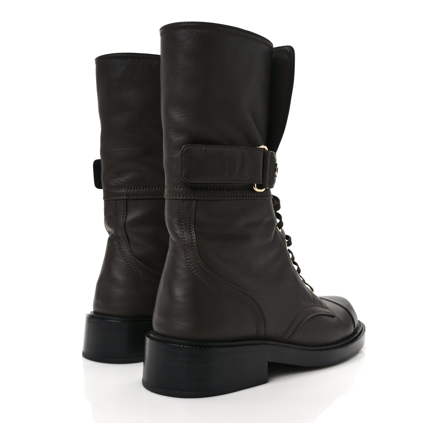 Shiny Calfskin Lace Up Combat Boots 39 Dark Brown Black