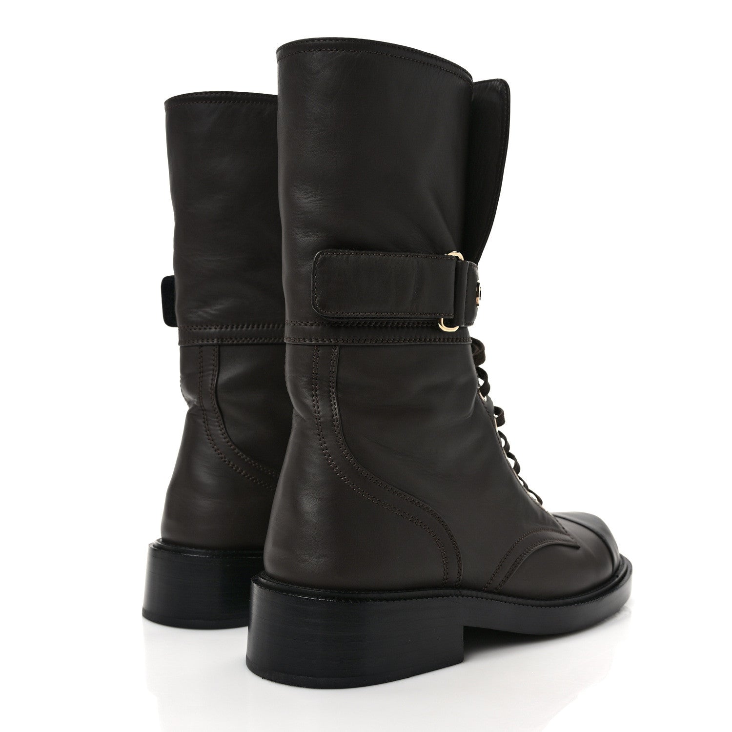 Chanel Shiny Calfskin Lace Up Combat Boots 39 Dark Brown Black 4 of 8