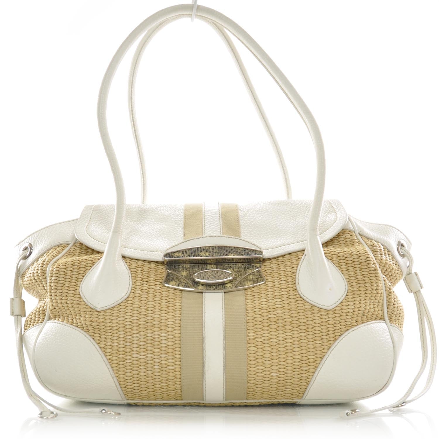 Prada Straw Leather Antic Easy Foldover Pushlock Satchel White 1 of 8
