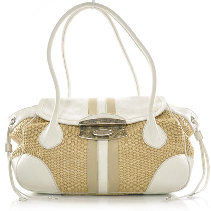 Prada Straw Leather Antic Easy Foldover Pushlock Satchel White 1 of 8