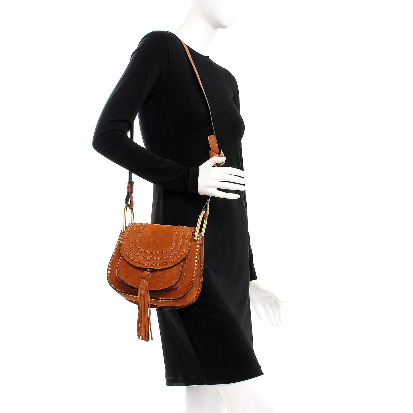 Suede Calfskin Braided Small Hudson Shoulder Bag Caramel