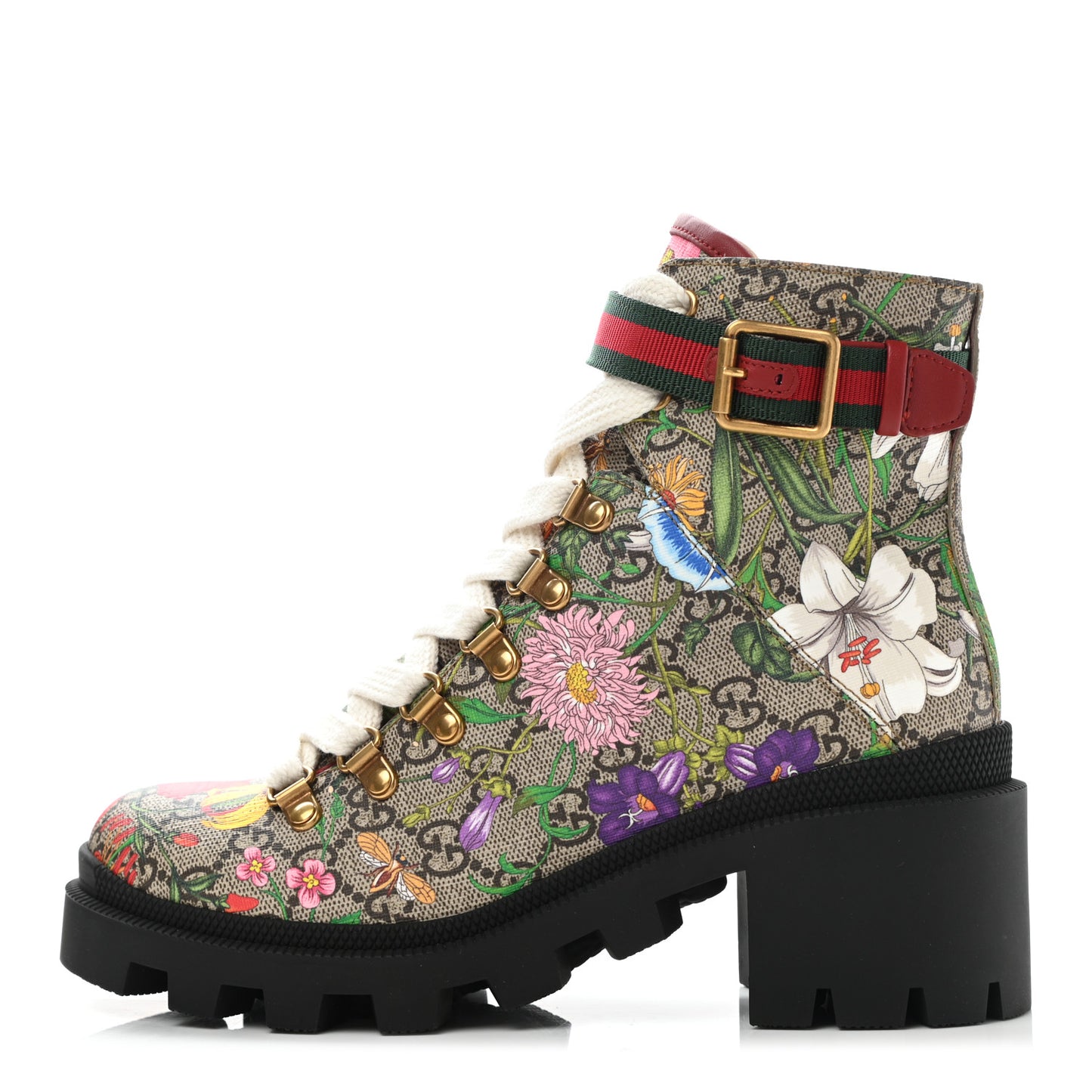 GG Supreme Monogram Flora Lace Up Combat Ankle Boots 36 Beige Multicolor Red