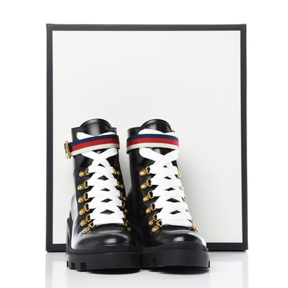 Gucci Calfskin Sylvie Web Lace Up Combat Boots 36 Black 9 of 9
