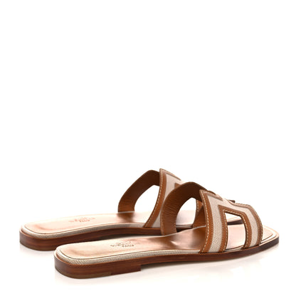 Hermes Calfskin Canvas Oran Sandals 38 Noisette Beige Dore 4 of 9