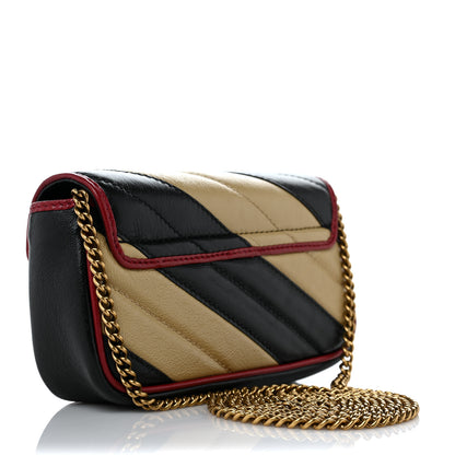 Gucci Vintage Effect Calfskin Matelasse Diagonal Striped Super Mini Torchon GG Marmont Shoulder Bag Black Beige 3 of 9