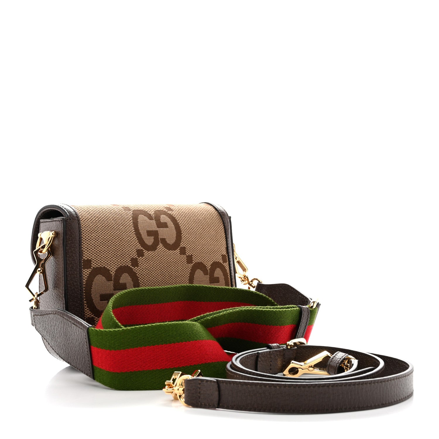 Gucci Monogram Jumbo GG Textured Dollar Calfskin Web Mini Horsebit 1955 Shoulder Bag Camel Ebony New Acero 2 of 12