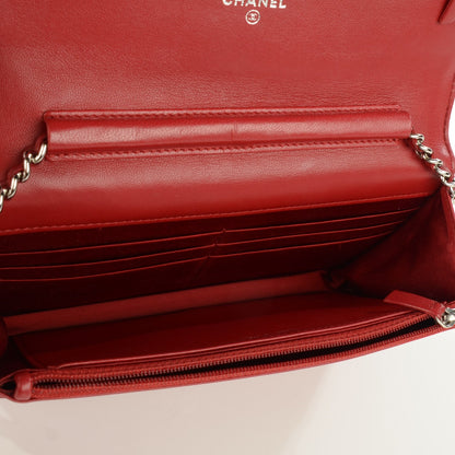 Chanel Lambskin Camellia Embossed Wallet On Chain WOC Red 5 of 8