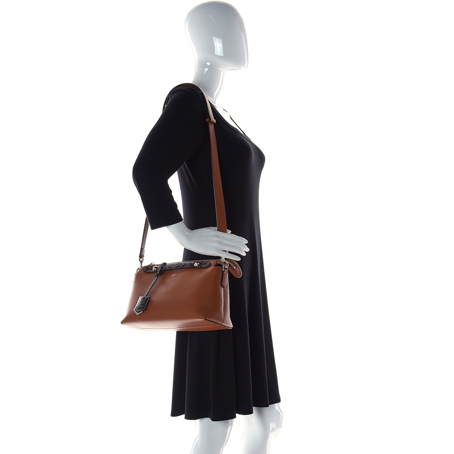 Fendi Vitello Dolce Bi-Color FF 1974 Embossed Medium By The Way Boston Bag Brandy Maya Black 2 of 12