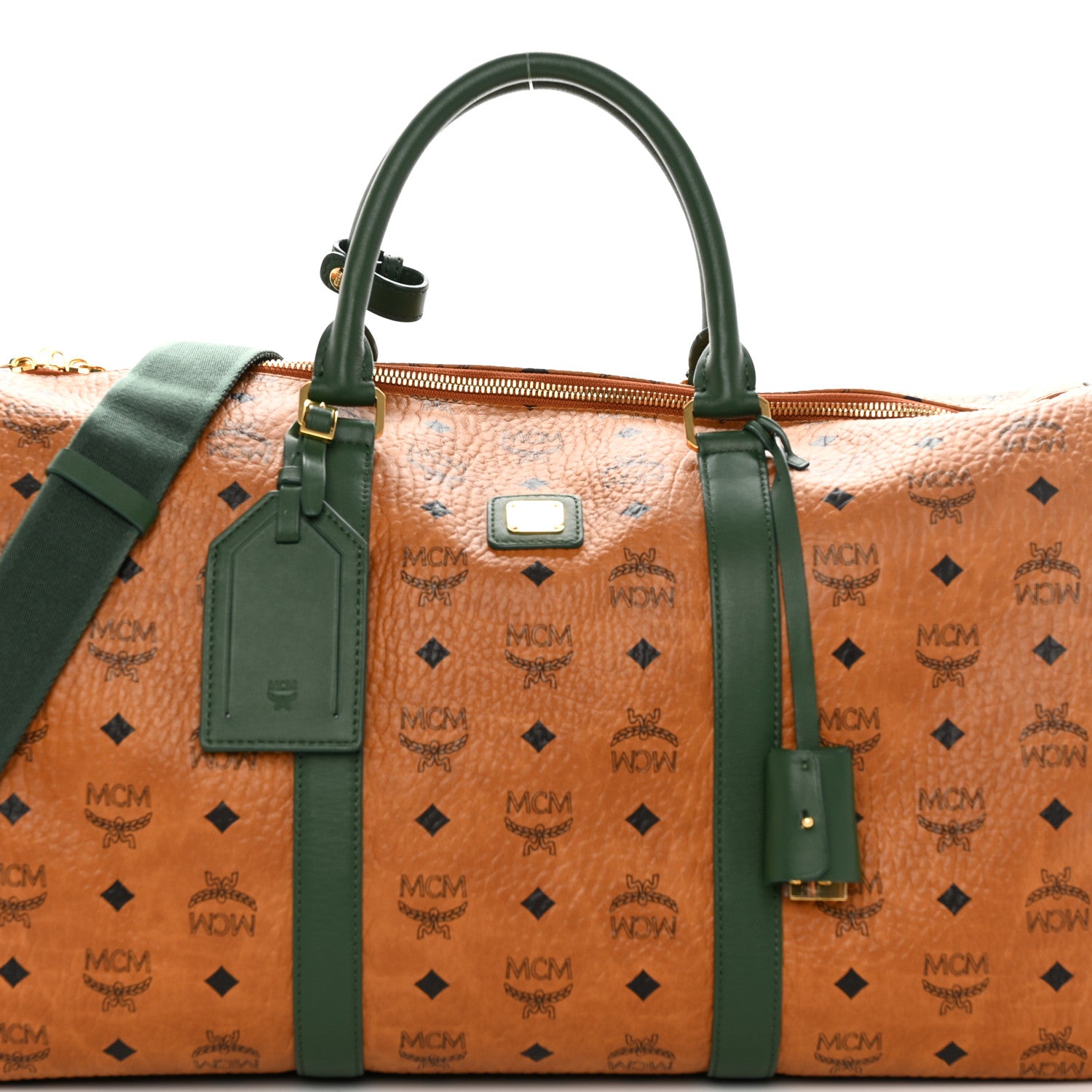 MCM Visetos Medium Traveler Weekender Duffle Bag Cognac Green 6 of 9