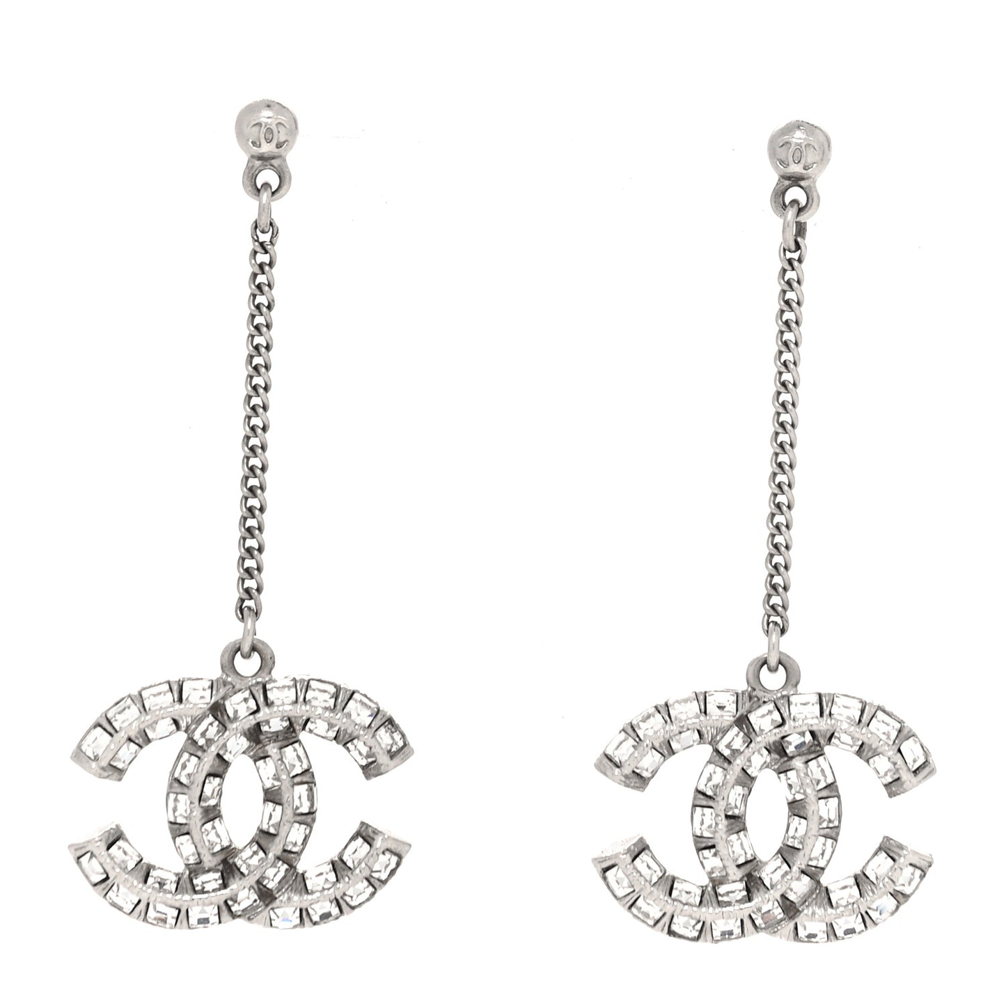 Baguette Crystal CC Drop Earrings Silver