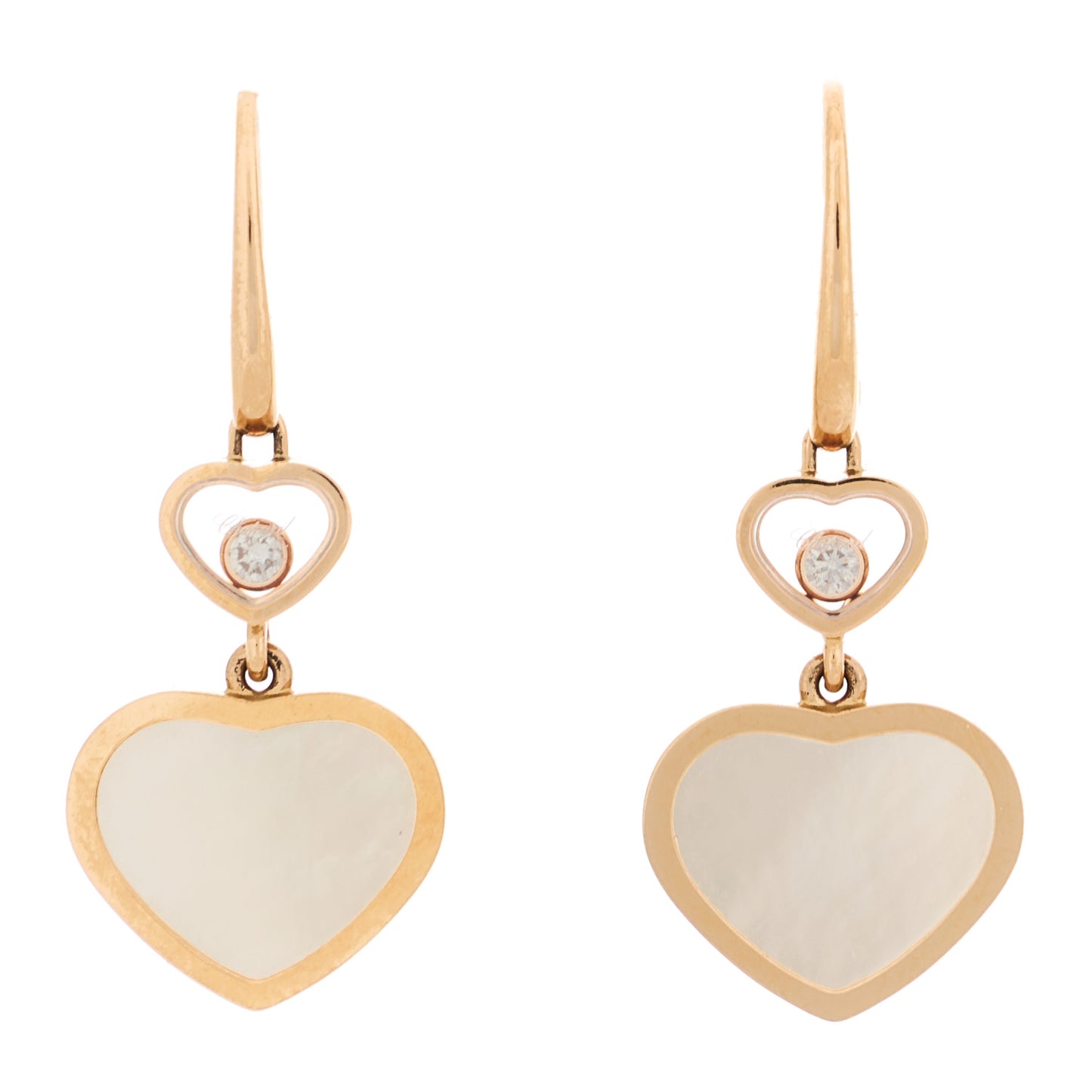 18K Rose Gold Diamond Mother of Pearl Floating Happy Diamonds Hearts Earrings