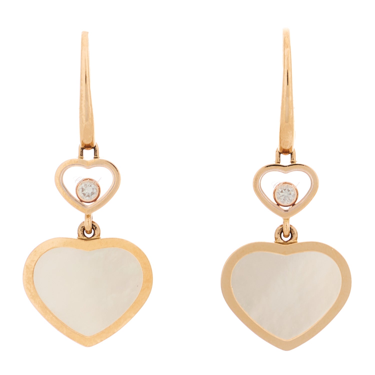 Chopard 18K Rose Gold Diamond Mother of Pearl Floating Happy Diamonds Hearts Earrings 1 of 4