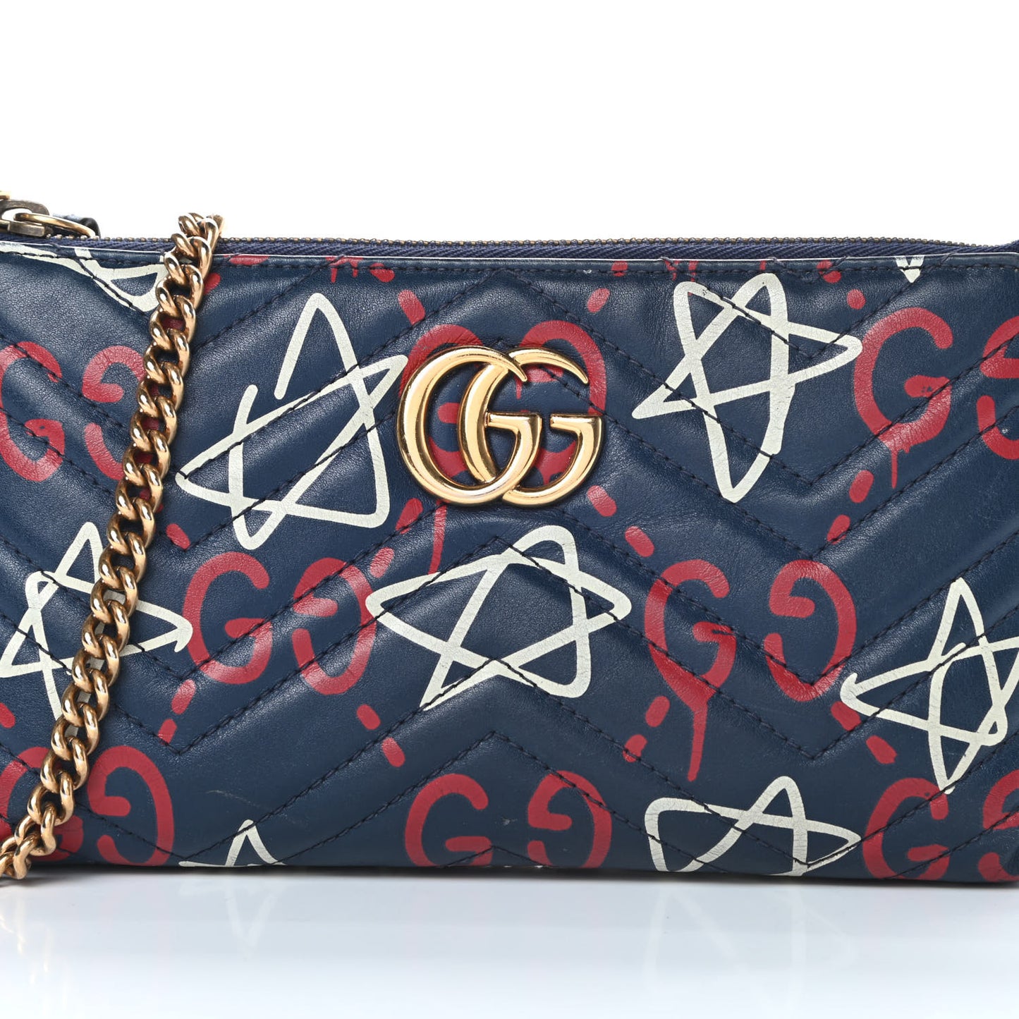 Calfskin Matelasse GucciGhost Mini GG Marmont Chain Bag Blue Agata Hibiscus Red