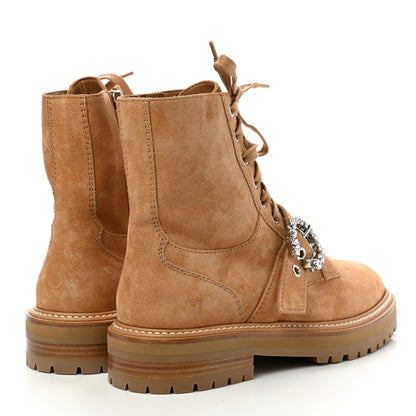 Jimmy Choo Suede Crystal Embellished Cora Flat Combat Boots 40 Caramel 4 of 8