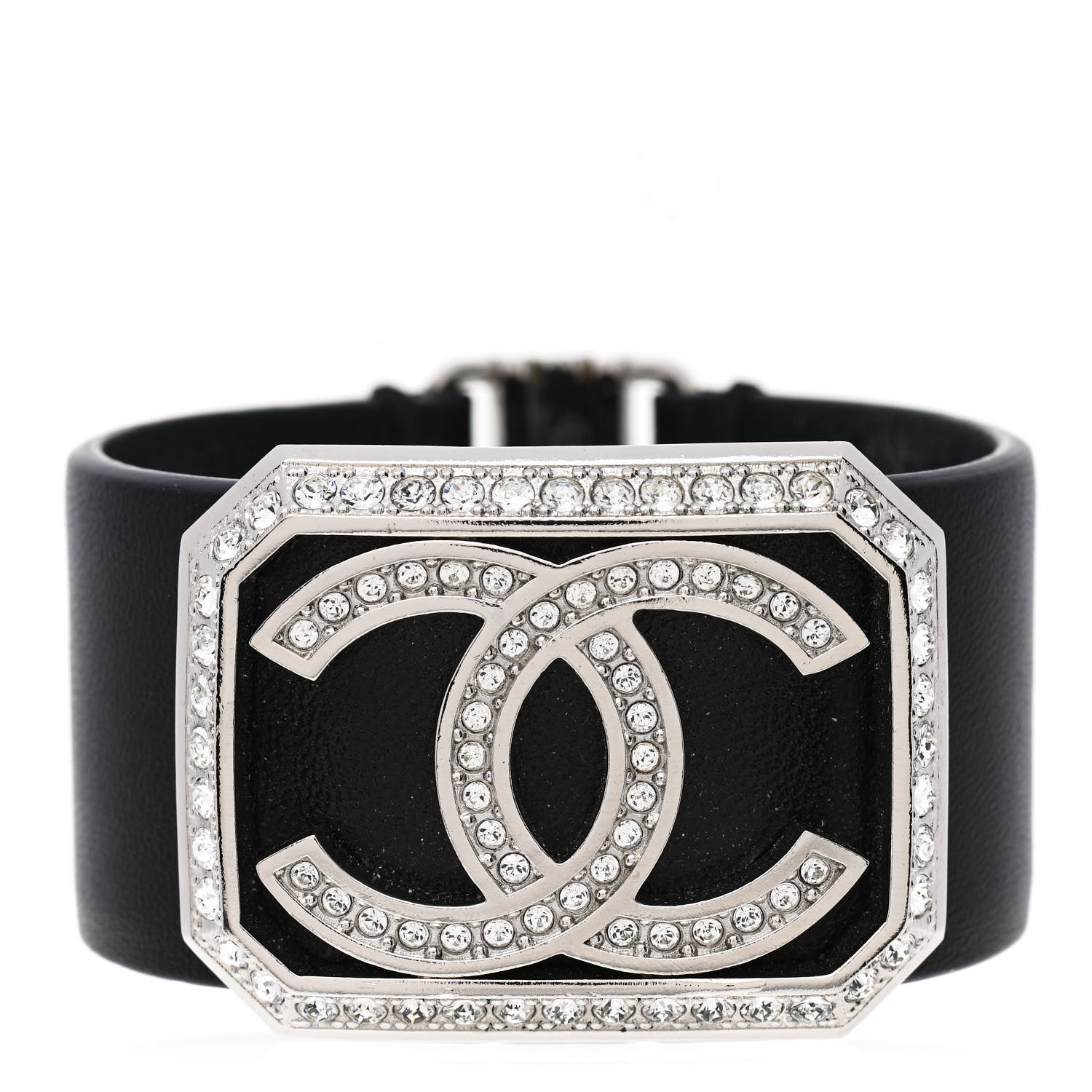Chanel Calfskin Crystal CC Cuff Bracelet S Black 1 of 4