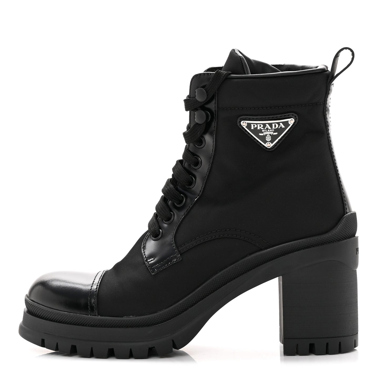 Spazzolato Re-Nylon Metal Triangle Logo Lace Up 55mm Ankle Boots 36.5 Black