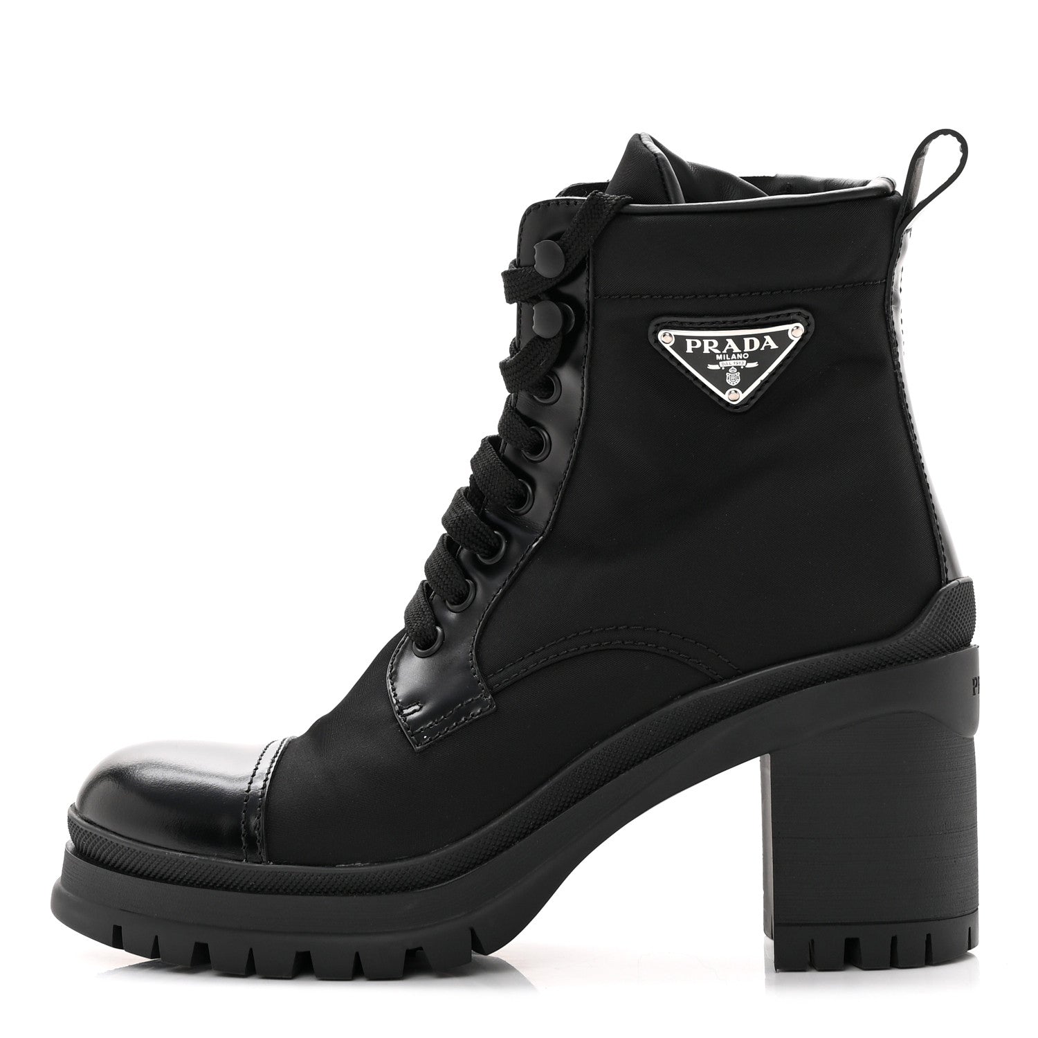 Prada Spazzolato Re-Nylon Metal Triangle Logo Lace Up 55mm Ankle Boots 36.5 Black 1 of 13