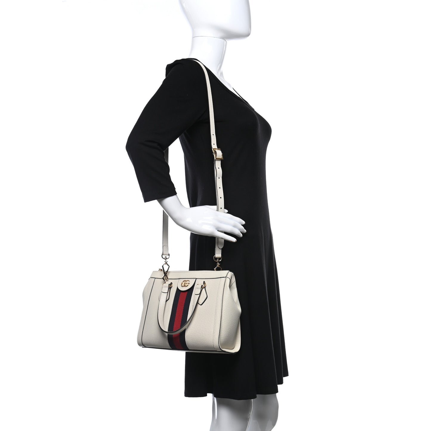 Textured Calfskin Web Small Ophidia Tote Bag Mystic White