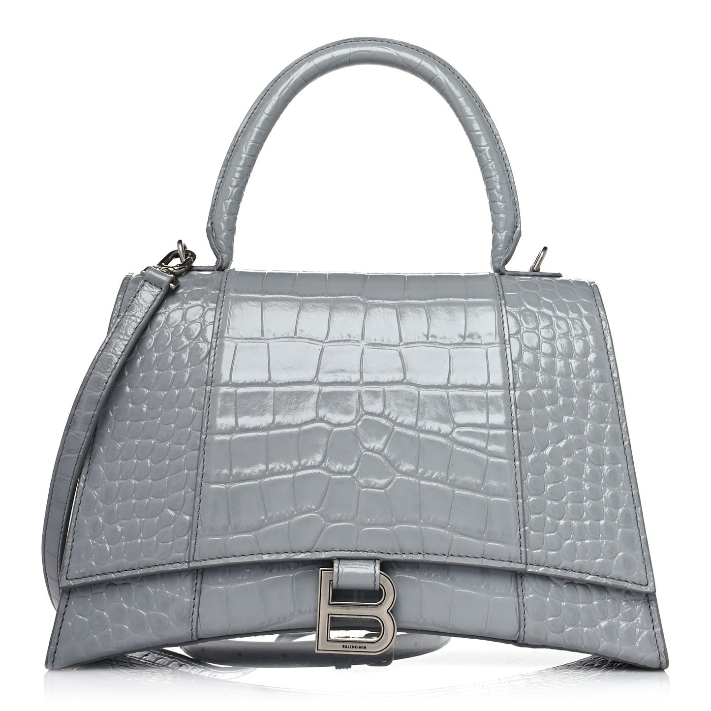 Shiny Calfskin Crocodile Embossed Medium Hourglass Top Handle Bag Balenciaga Grey