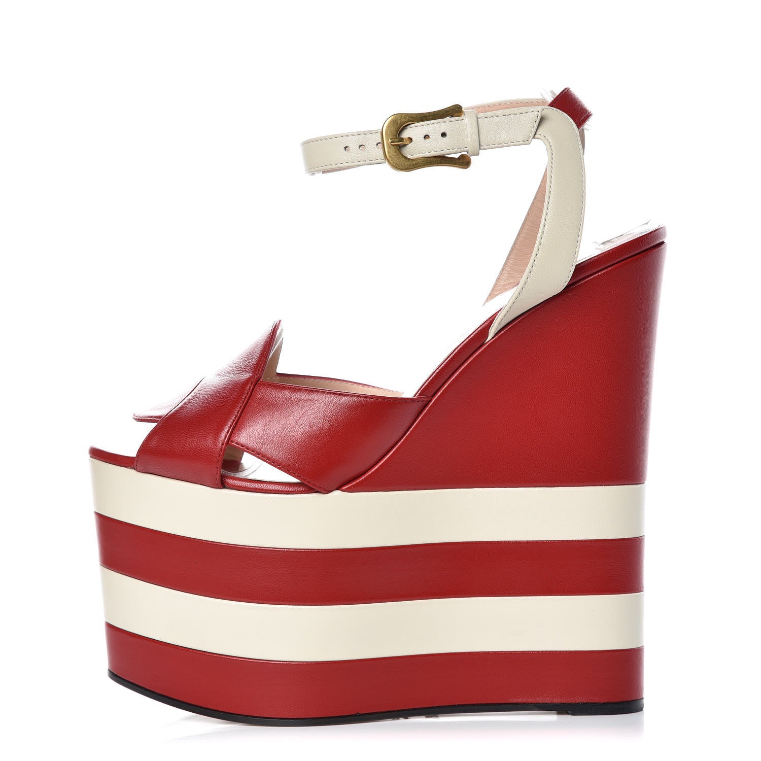 Gucci Nappa Striped Sally Platform Wedge Sandals 38.5 Hibiscus Red White 1 of 8