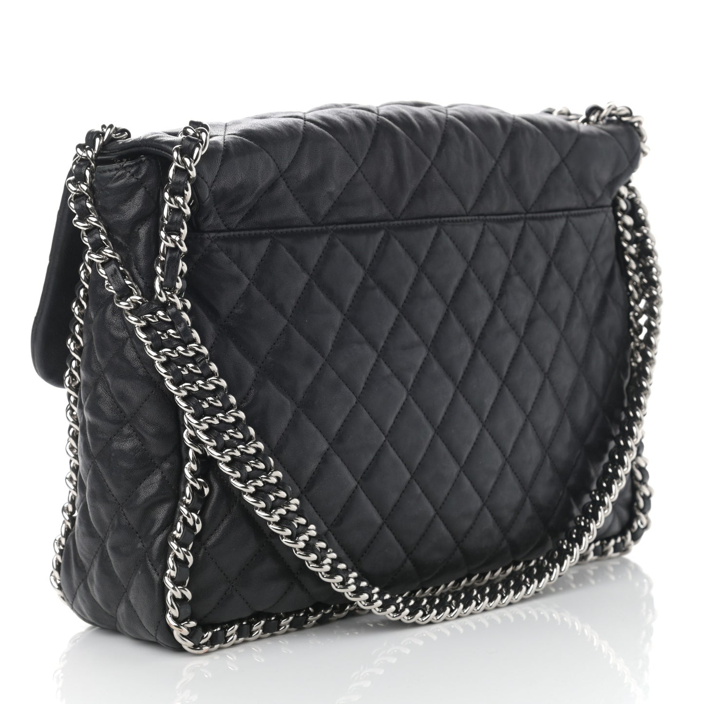 Washed Lambskin Quilted Maxi Chain Around Flap Black