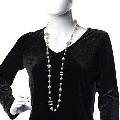 Chanel Graduated Pearl Crystal CC Long Necklace Silver 2 of 5