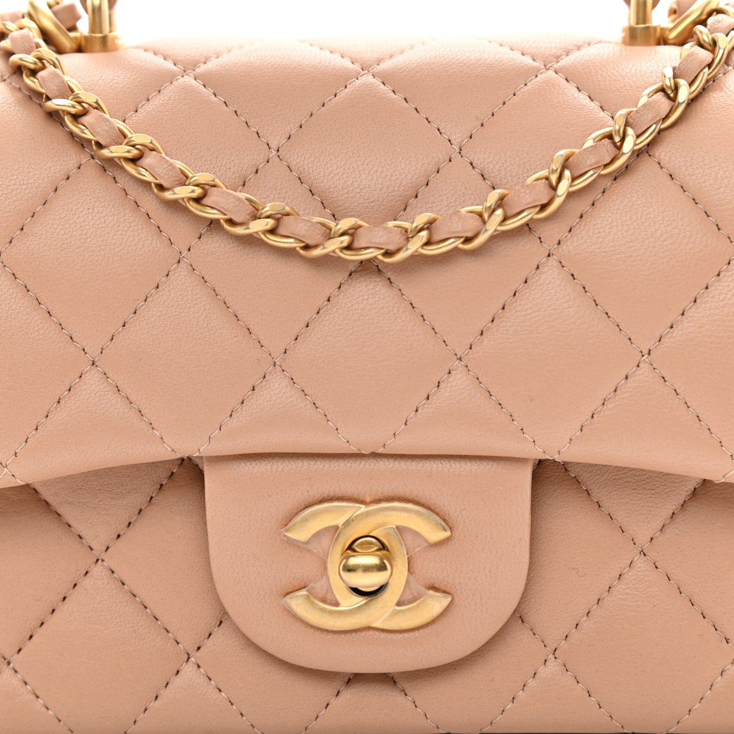 Lambskin Quilted Mini Top Handle Rectangular Flap Beige
