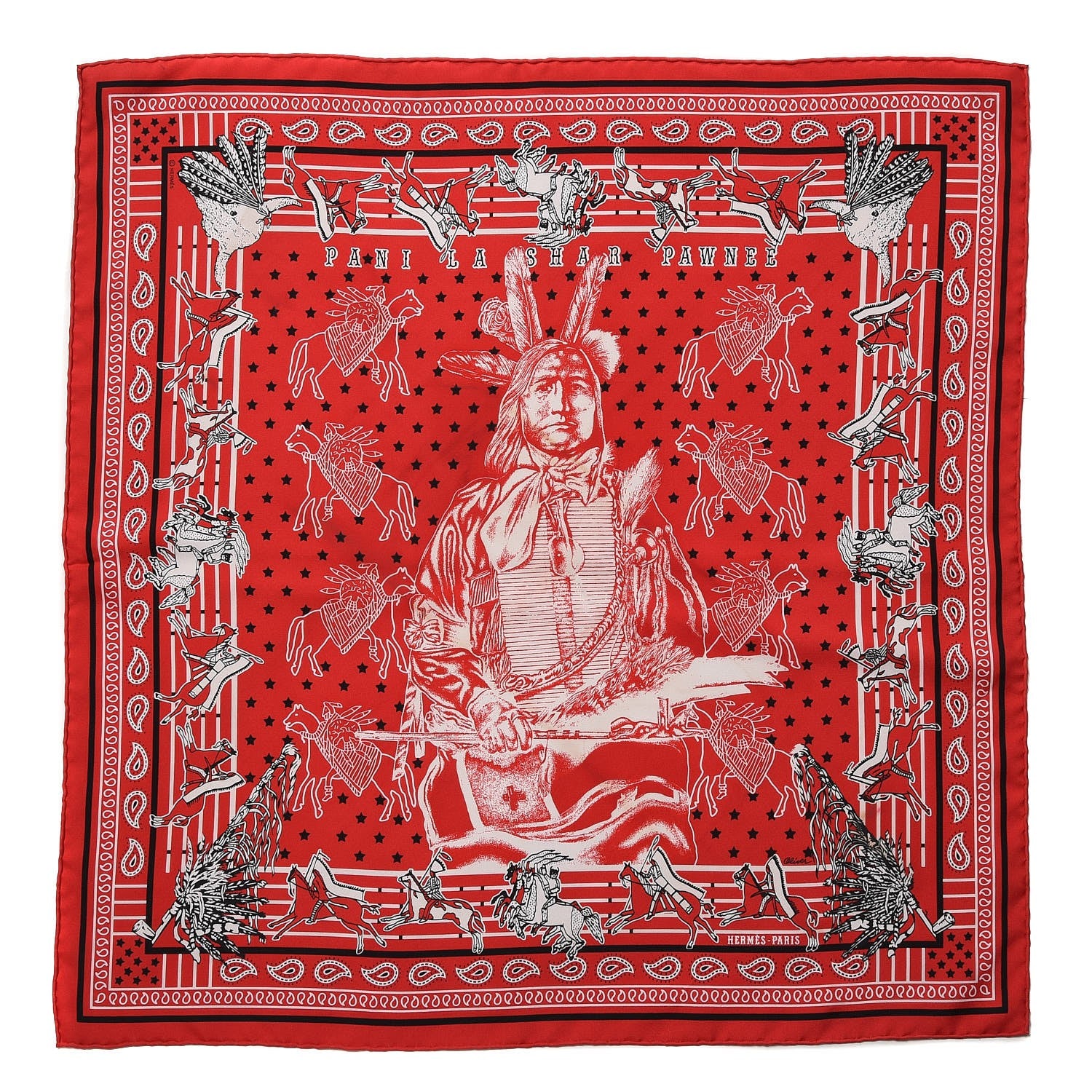 Hermes Silk Pani La Shar Pawnee Bandana Scarf 55 Rouge Noir Blanc 1 of 7