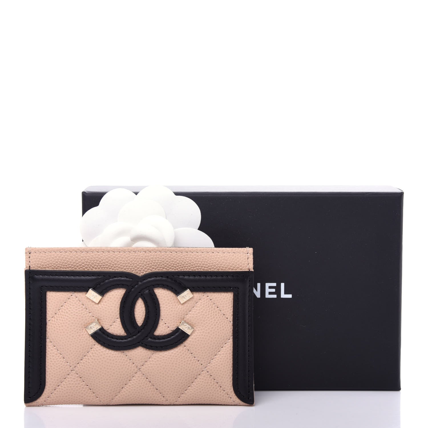 Chanel Caviar Quilted Filigree Card Holder Beige Black 9 of 9