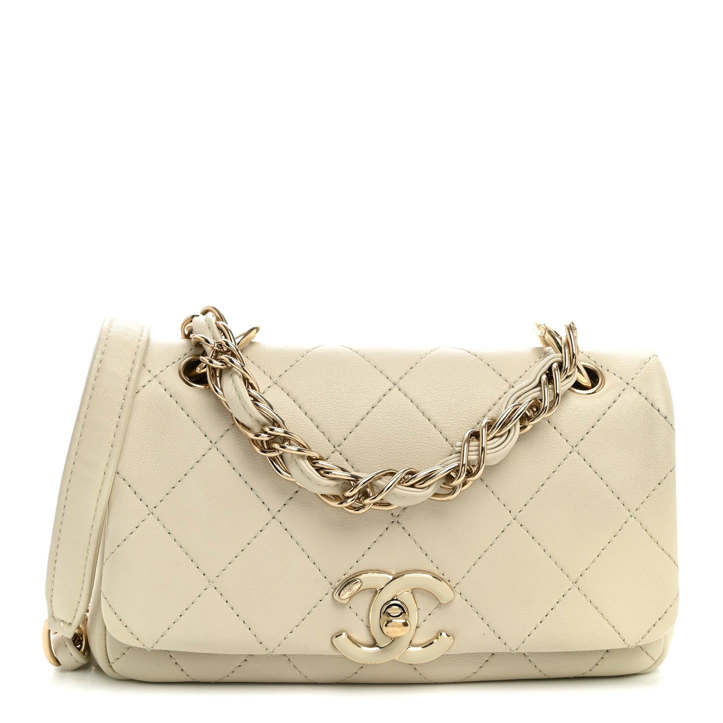 Lambskin Quilted Medium Twist Chain Flap Light Beige