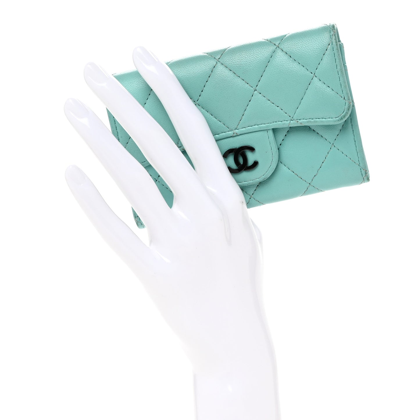 Lambskin Quilted Flap Card Holder Wallet Turquoise