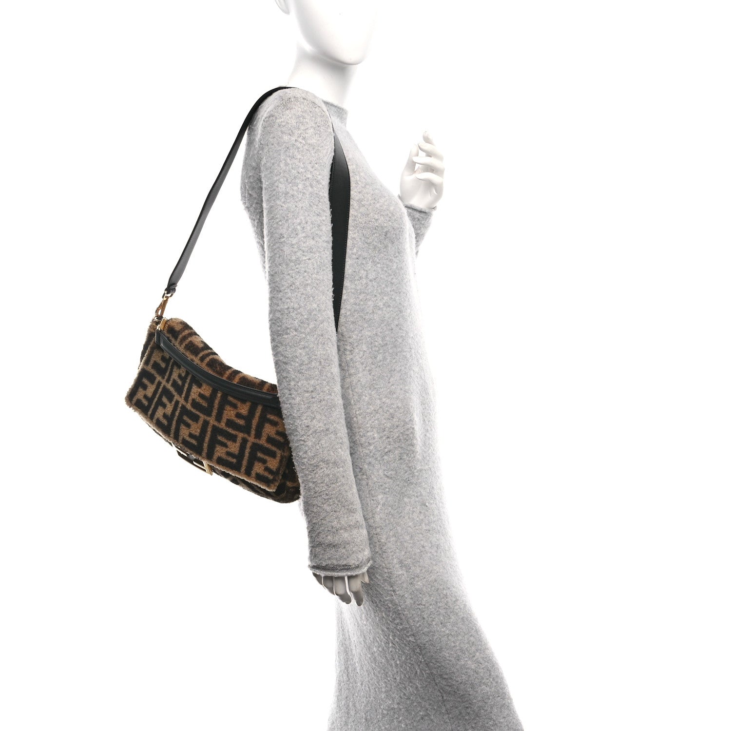 Fendi Shearling Vitello Dolce Macro FF 1974 Large Baguette Tobacco Black 2 of 10