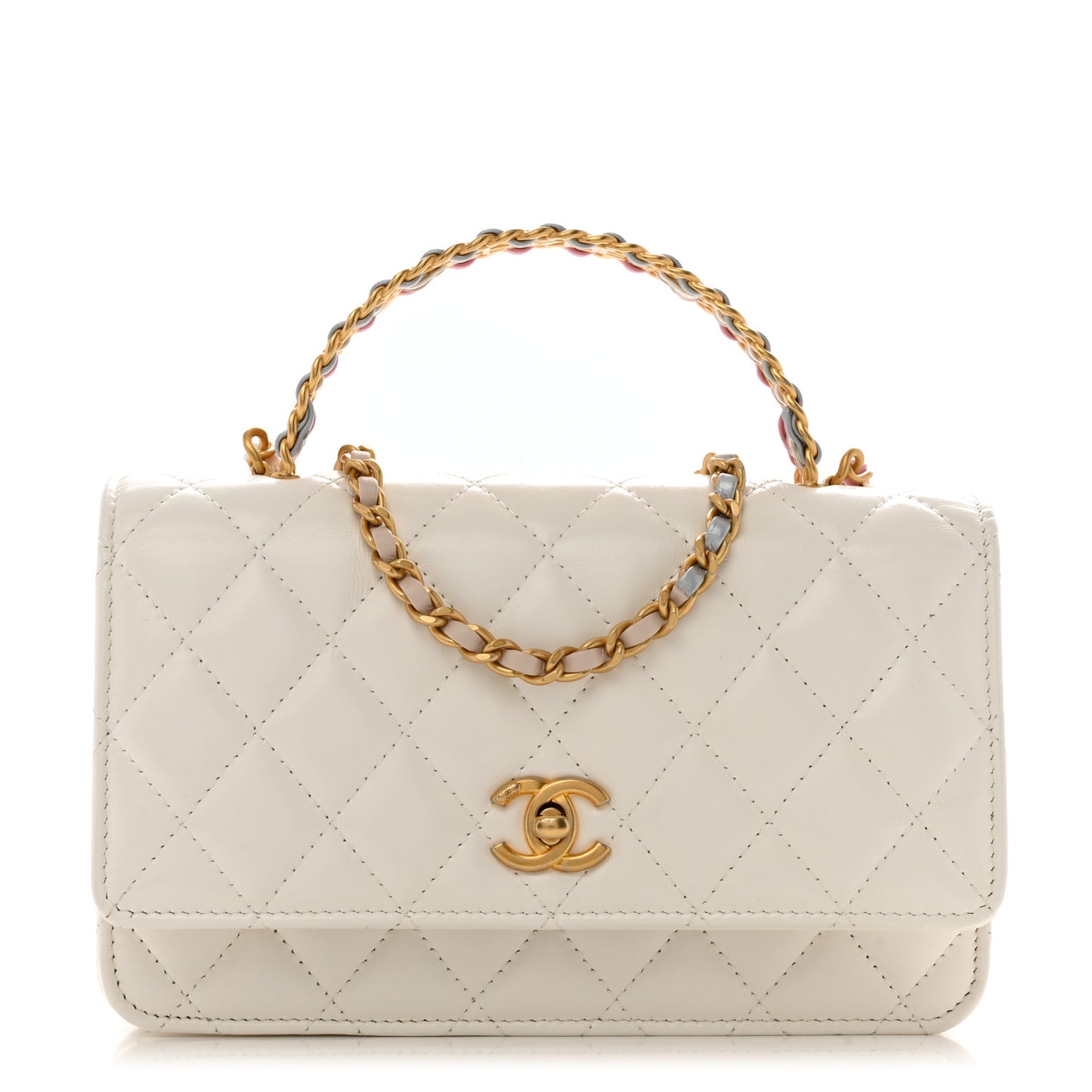Shiny Calfskin Quilted Multicolor Top Handle Wallet On Chain WOC White